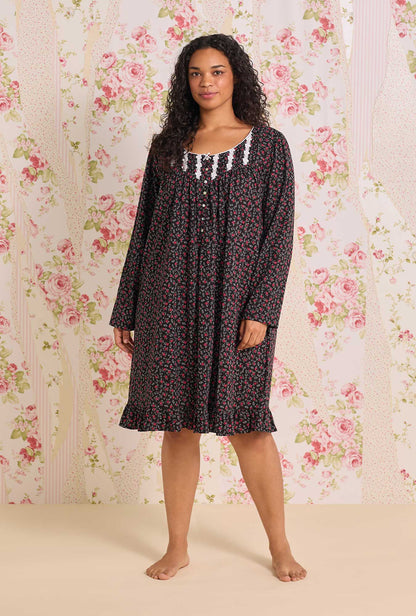 Eileen West Bordeaux Bloom Cotton Knit Long Sleeve Short Nightgown
