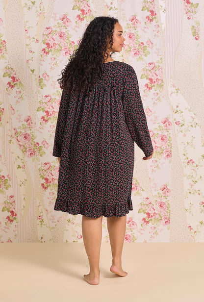 Eileen West Bordeaux Bloom Cotton Knit Long Sleeve Short Nightgown