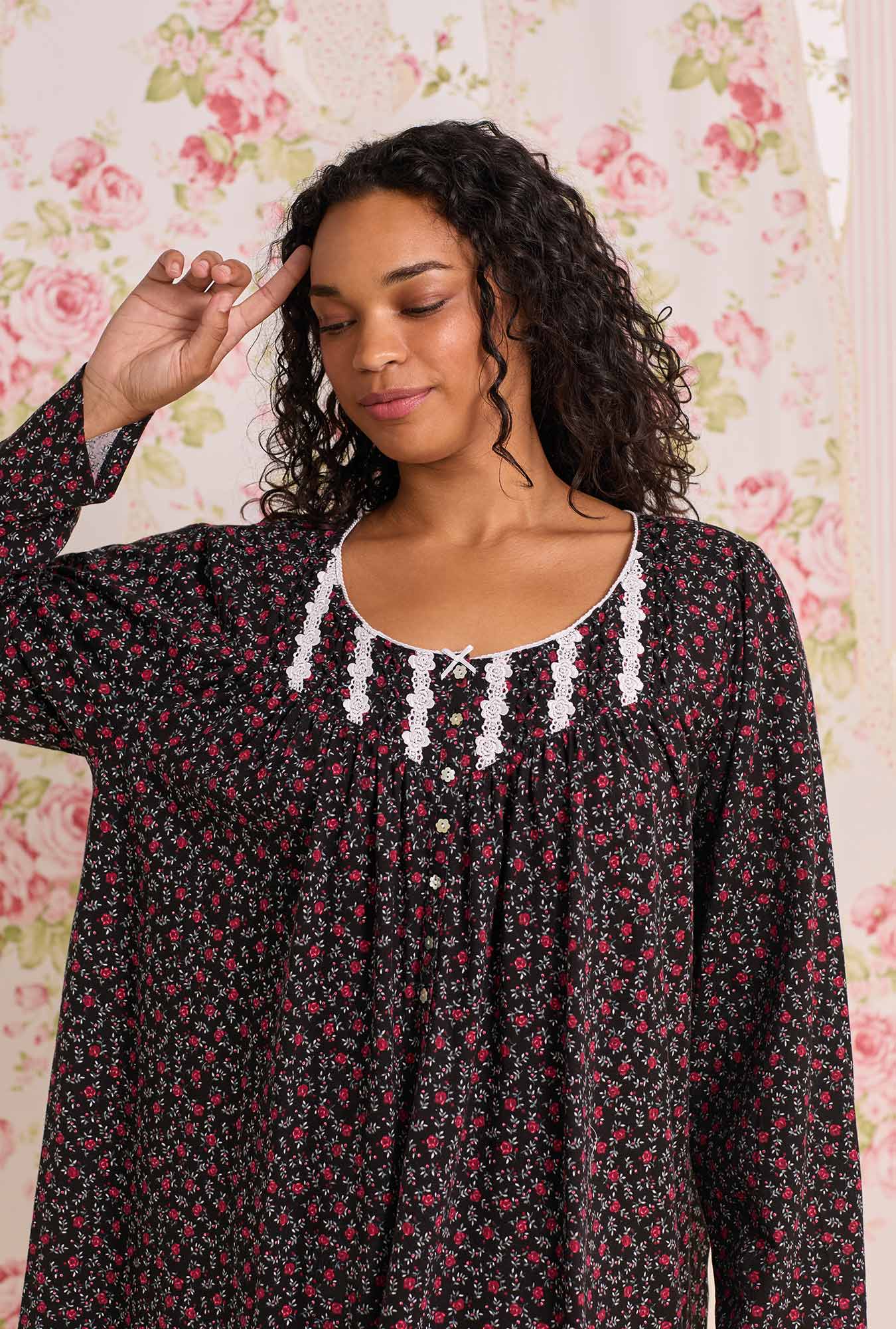Eileen West Bordeaux Bloom Cotton Knit Long Sleeve Short Nightgown