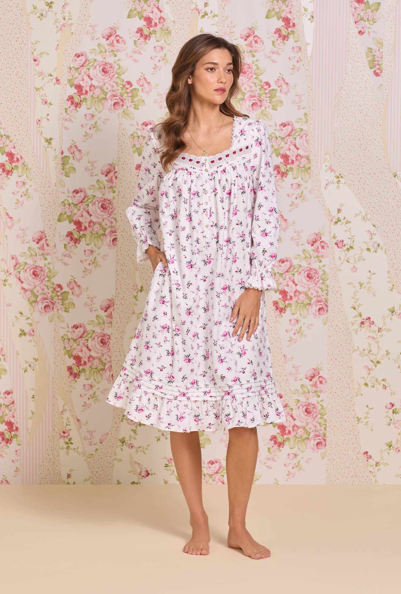 Eileen West Winter Rosette Cotton Flannel Long Sleeve Waltz Nightgown