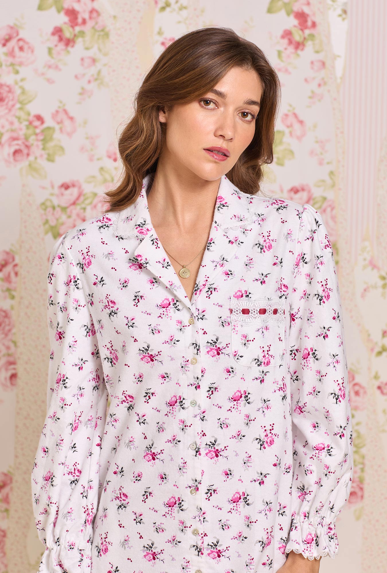 Eileen West Winter Rosette Cotton Flannel Long Sleeve Nightshirt