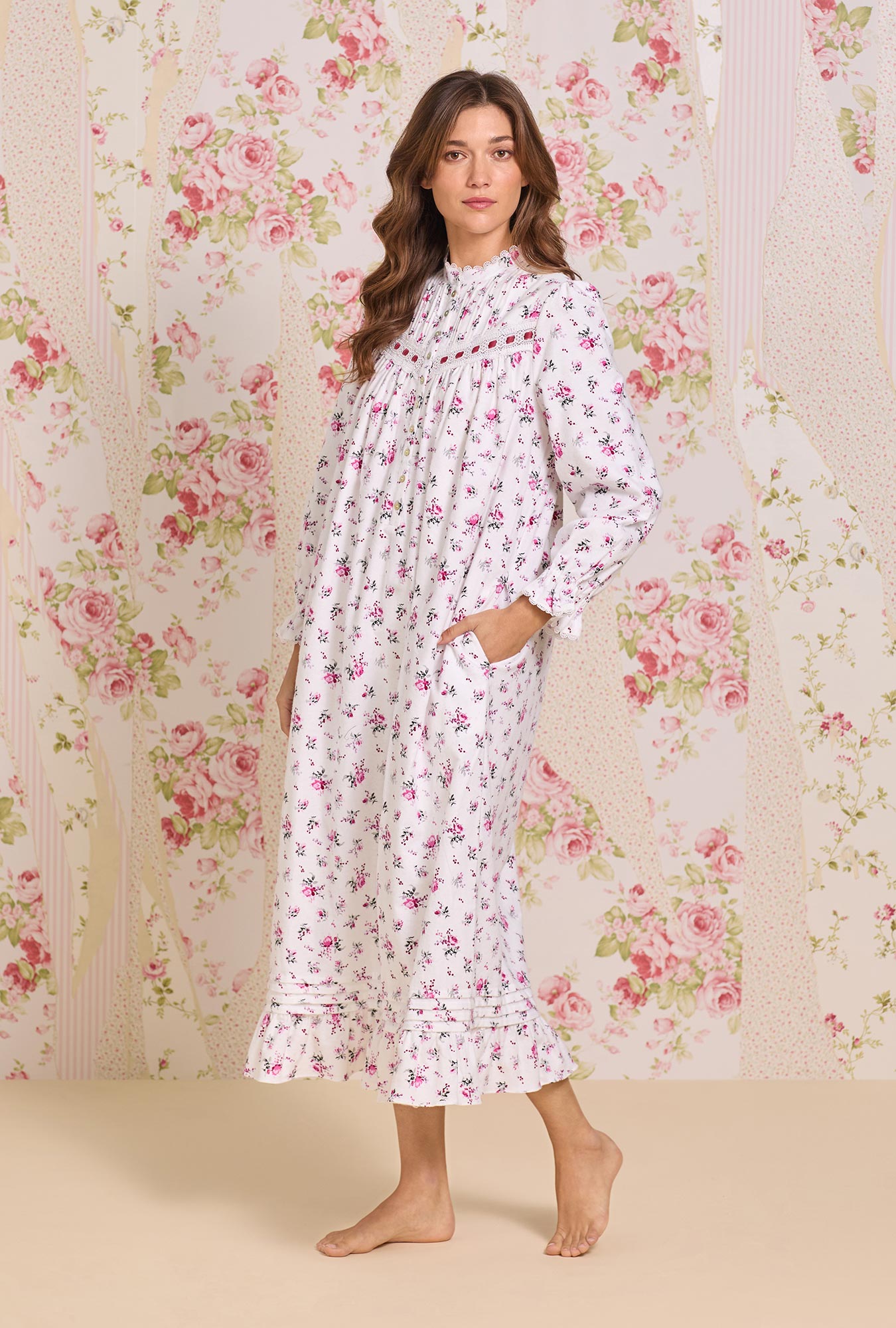 Eileen West Winter Rosette Cotton Flannel High Neck Long Sleeve Ballet Nightgown
