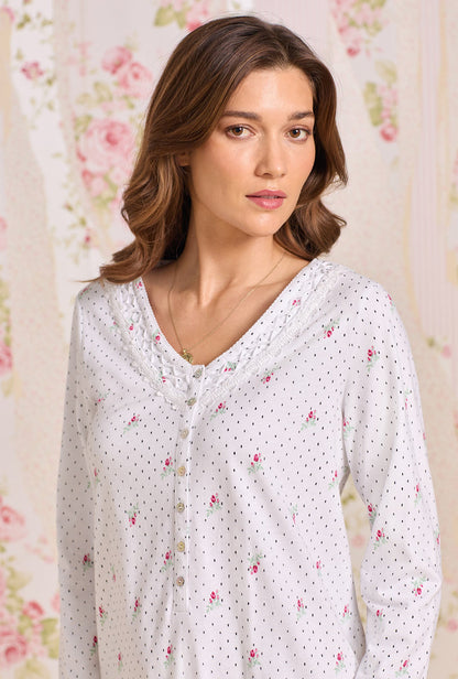 Eileen West Rosebud Dot Cotton Knit Long Sleeve Nightshirt