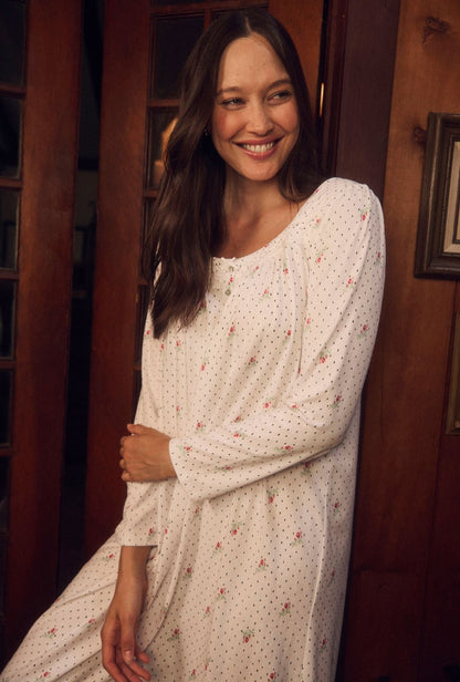 Eileen West Rosebud Dot Cotton Knit Long Sleeve Ballet Nightgown