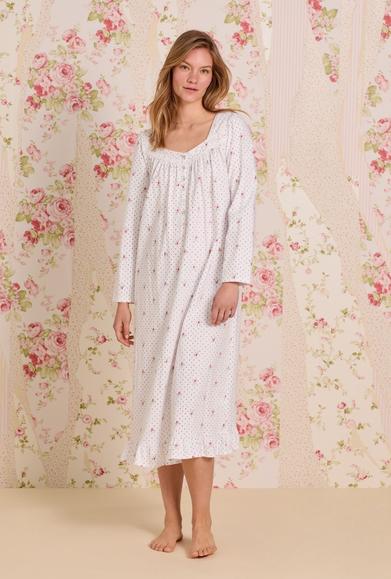 Eileen West Rosebud Dot Cotton Knit Long Sleeve Ballet Nightgown