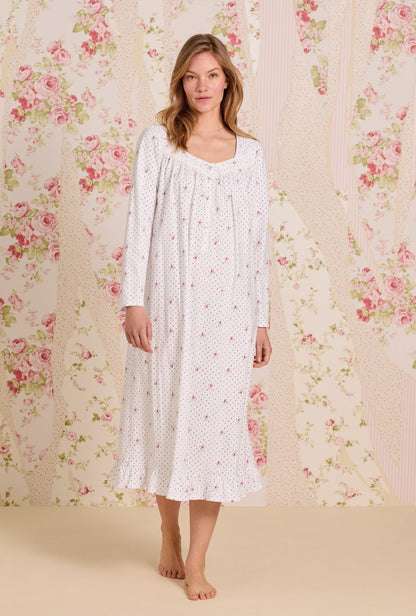 Eileen West Rosebud Dot Cotton Knit Long Sleeve Ballet Nightgown