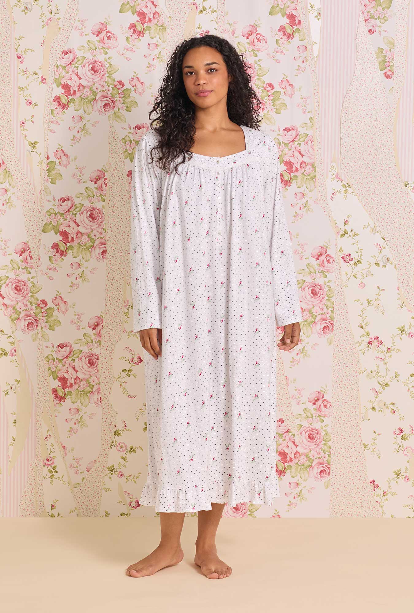 Eileen West Rosebud Dot Cotton Knit Long Sleeve Ballet Nightgown