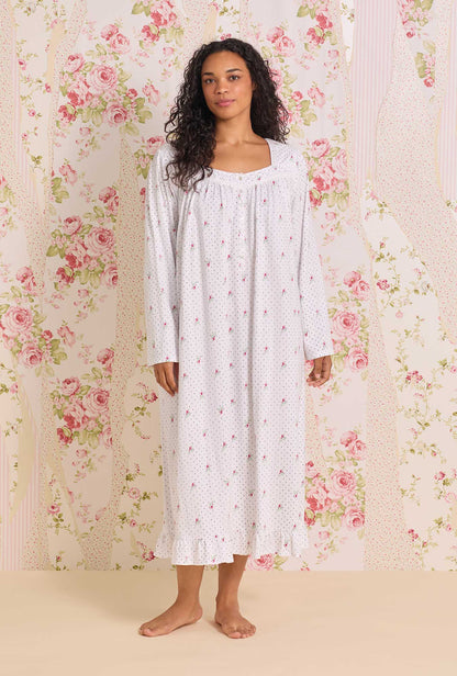 Eileen West Rosebud Dot Cotton Knit Long Sleeve Ballet Nightgown
