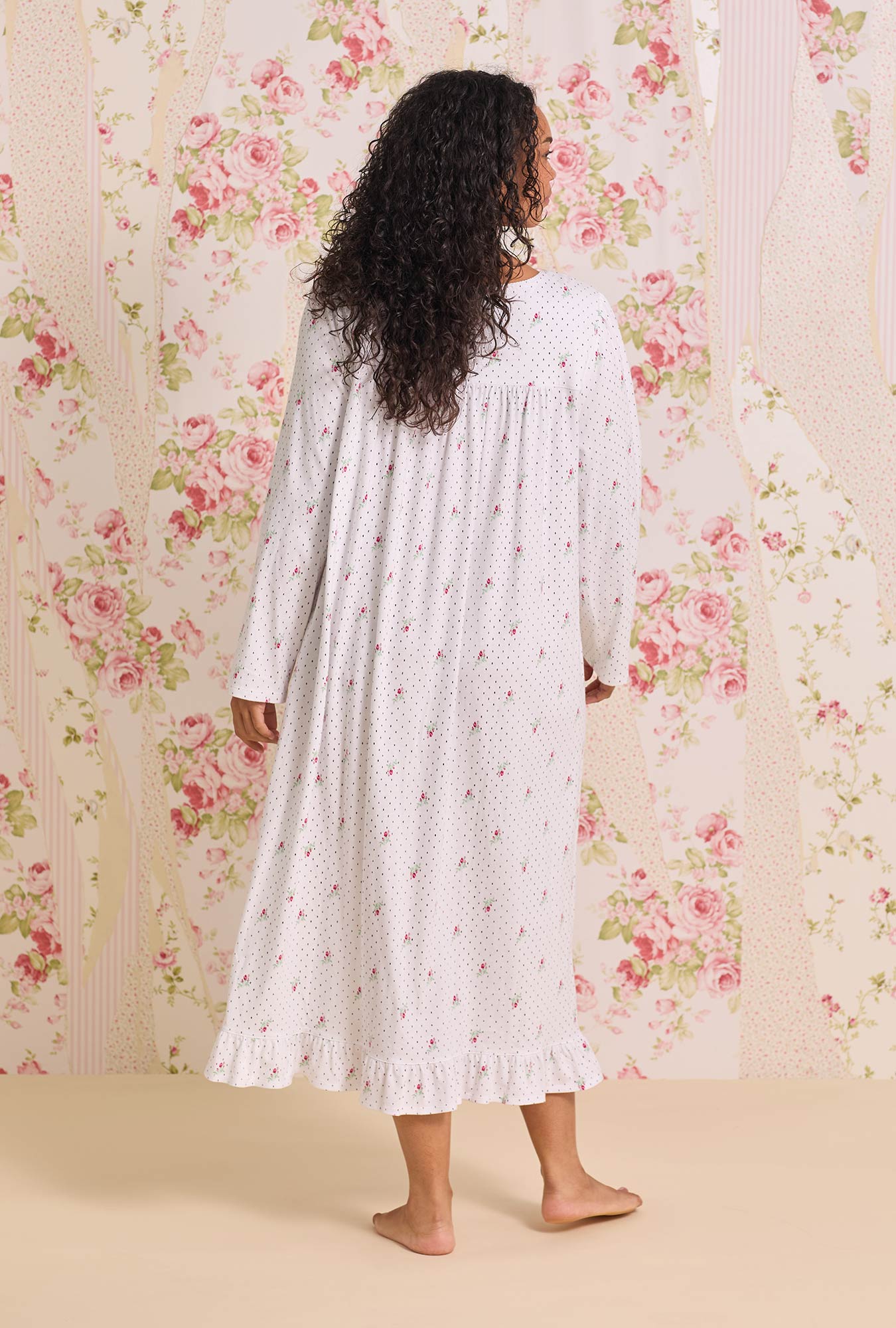 Eileen West Rosebud Dot Cotton Knit Long Sleeve Ballet Nightgown