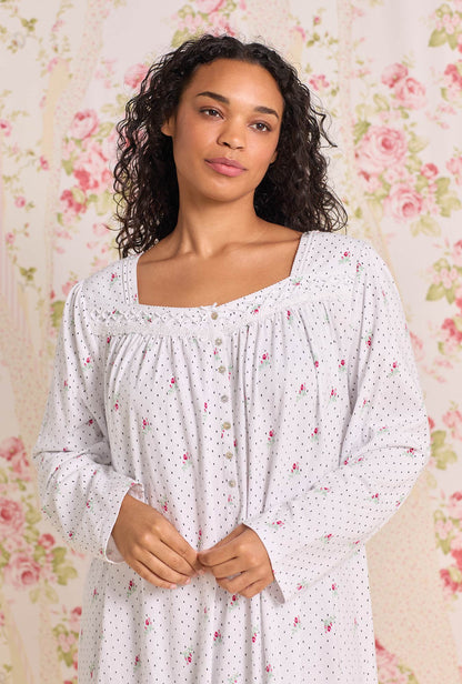 Eileen West Rosebud Dot Cotton Knit Long Sleeve Ballet Nightgown