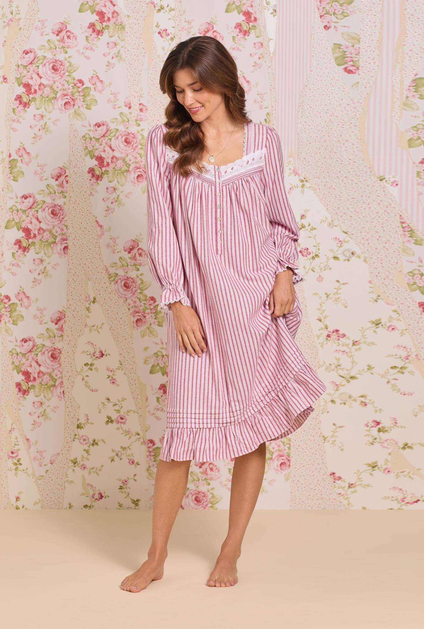 Eileen West Hearth Stripe Cotton Flannel Long Sleeve Waltz Nightgown