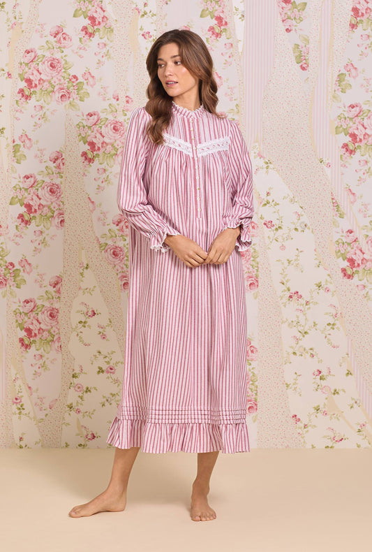 Eileen West Hearth Stripe Cotton Flannel High Neck Long Sleeve Ballet Nightgown