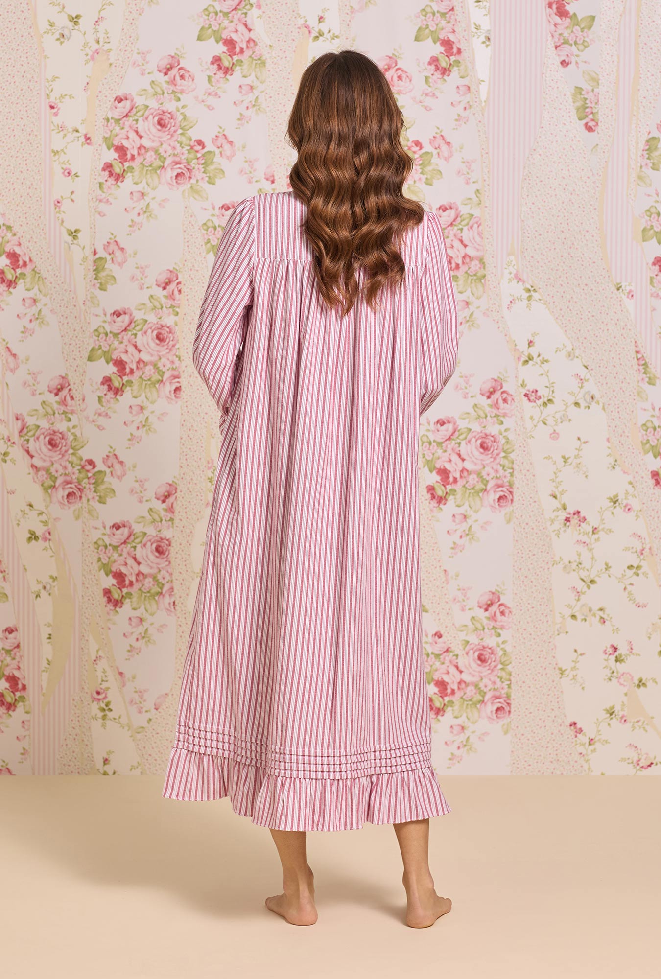 Eileen West Hearth Stripe Cotton Flannel High Neck Long Sleeve Ballet Nightgown