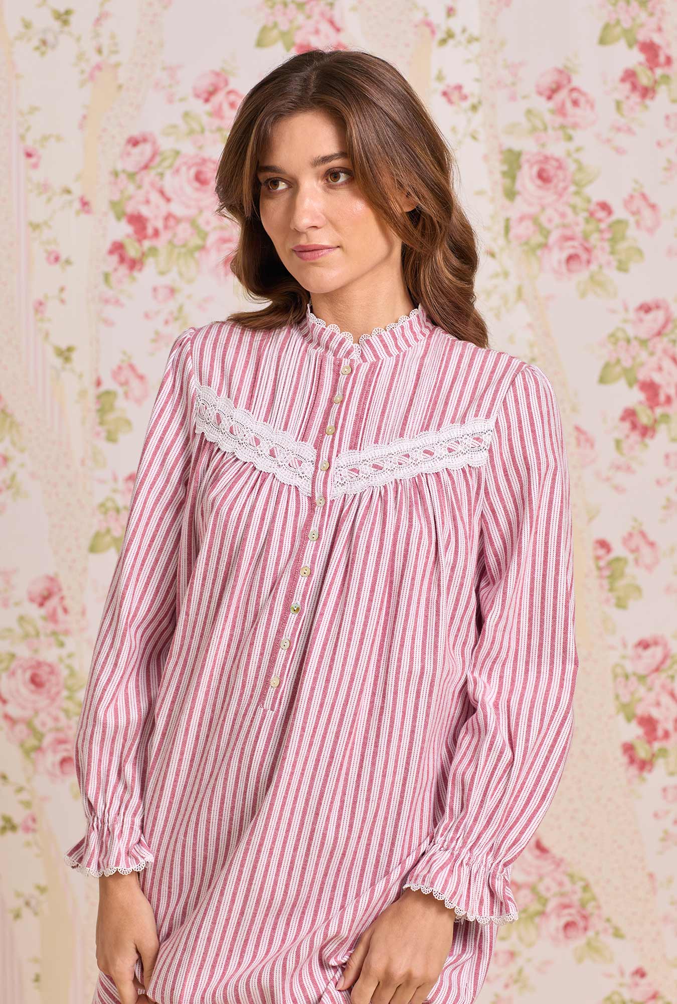 Eileen West Hearth Stripe Cotton Flannel High Neck Long Sleeve Ballet Nightgown