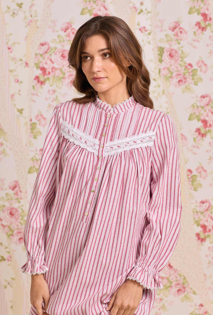 Eileen West Hearth Stripe Cotton Flannel High Neck Long Sleeve Ballet Nightgown