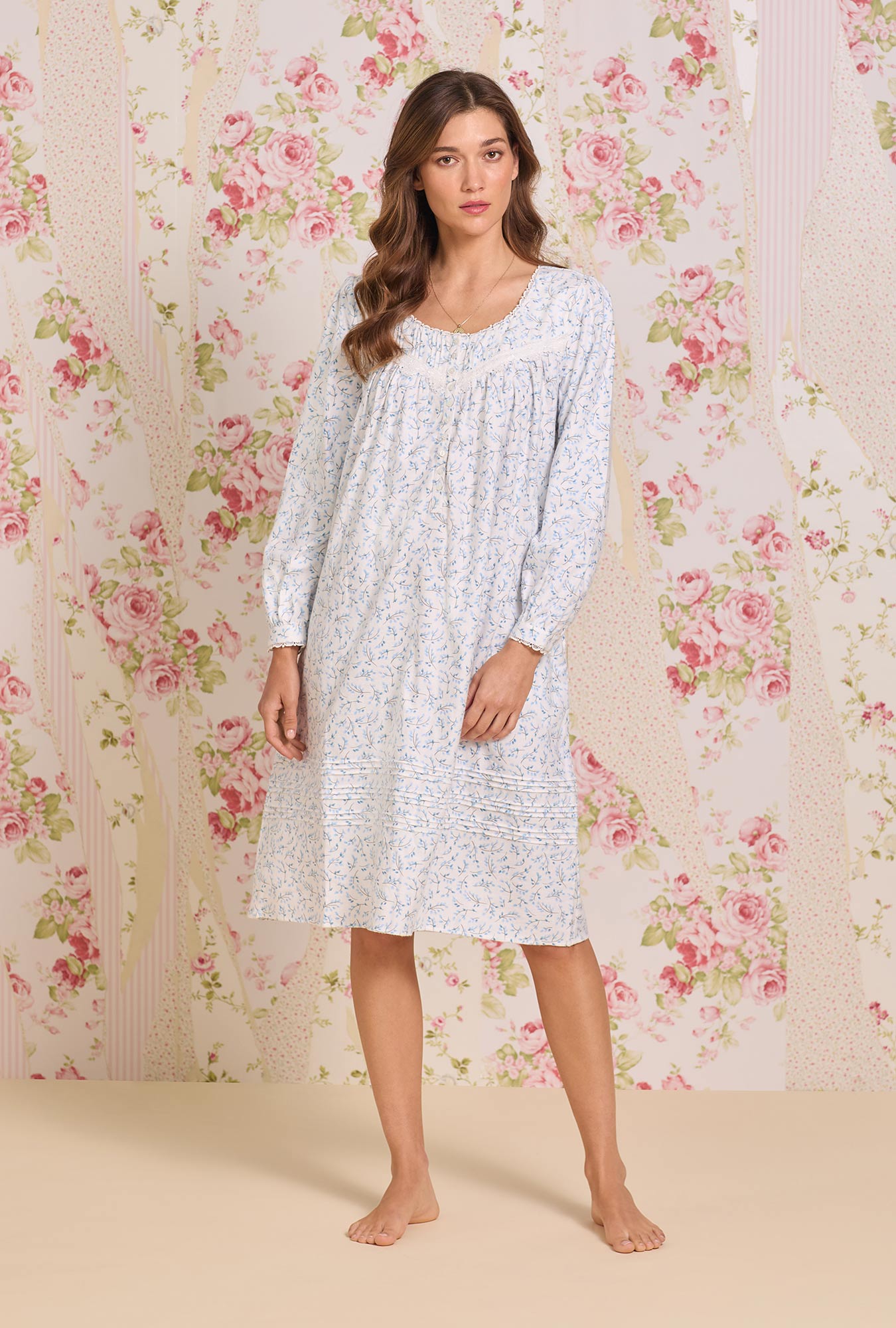 Eileen West Frosted Leaves Cotton Flannel Long Sleeve Waltz Nightgown