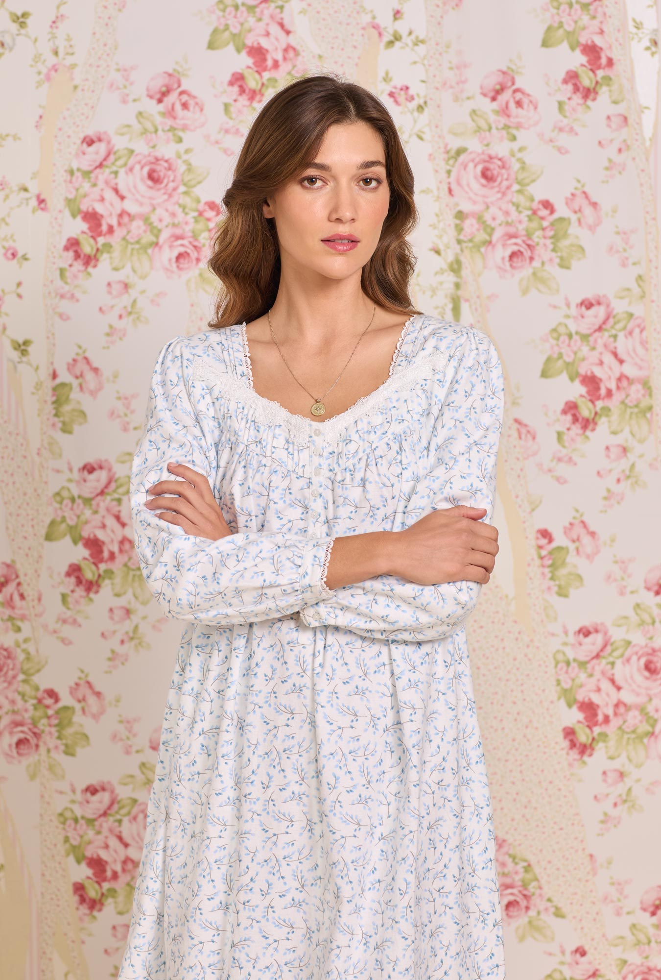 Eileen West Frosted Leaves Cotton Flannel Long Sleeve Ballet Nightgown