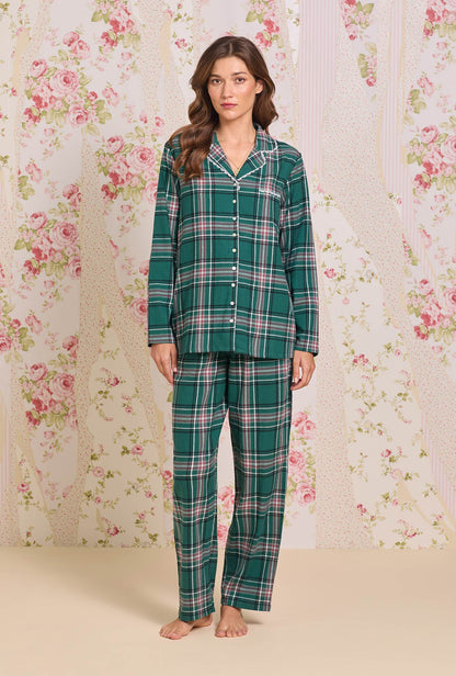 Eileen West Evergreen Plaid Cotton Flannel Notch Collar Pajama