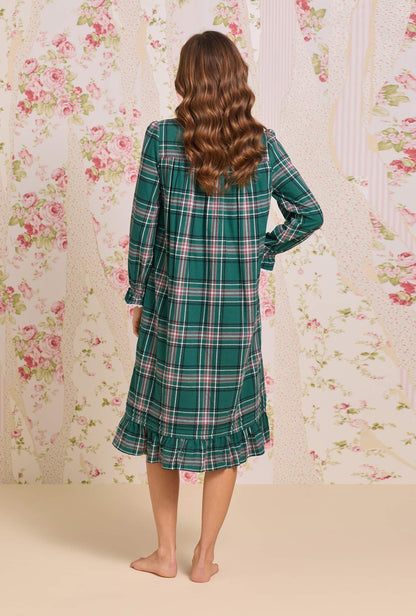 Eileen West Evergreen Plaid Cotton Flannel Long Sleeve Waltz Nightgown