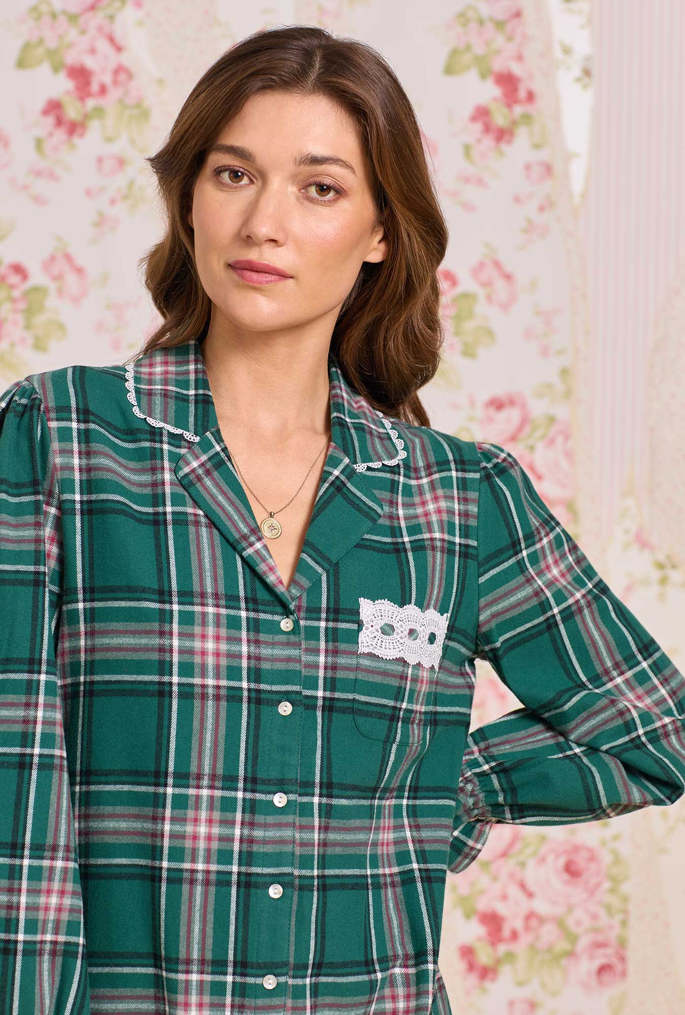 Eileen West Evergreen Plaid Cotton Flannel Long Sleeve Nightshirt