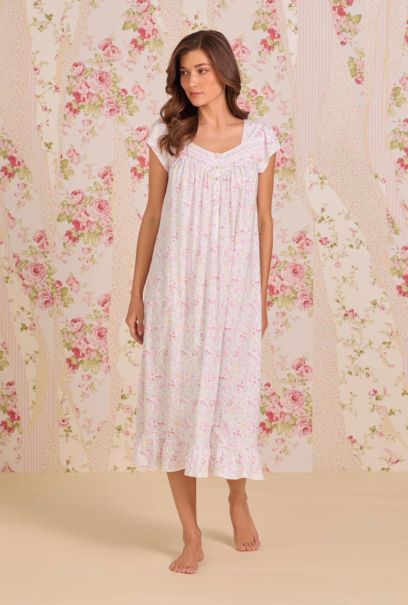 Eileen West Strawberry Field Cotton Knit Cap Sleeve Ballet Nightgown