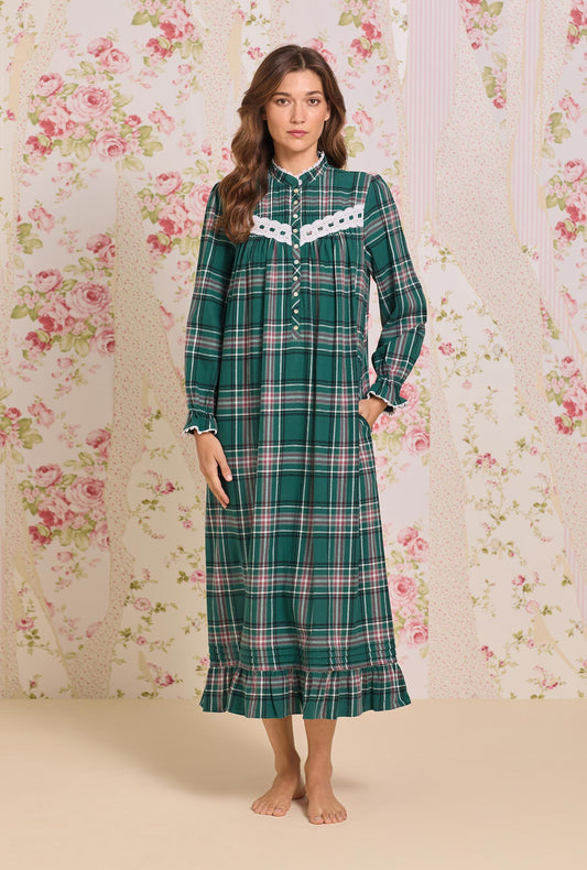 Eileen West Evergreen Plaid Cotton Flannel High Neck Long Sleeve Ballet Nightgown