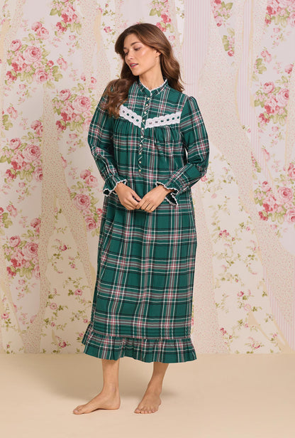 Eileen West Evergreen Plaid Cotton Flannel High Neck Long Sleeve Ballet Nightgown