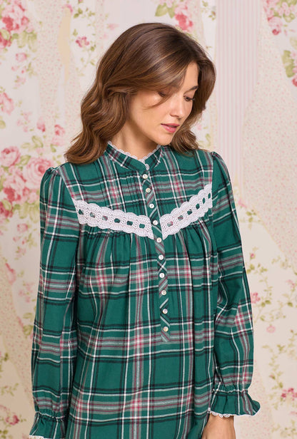 Eileen West Evergreen Plaid Cotton Flannel High Neck Long Sleeve Ballet Nightgown
