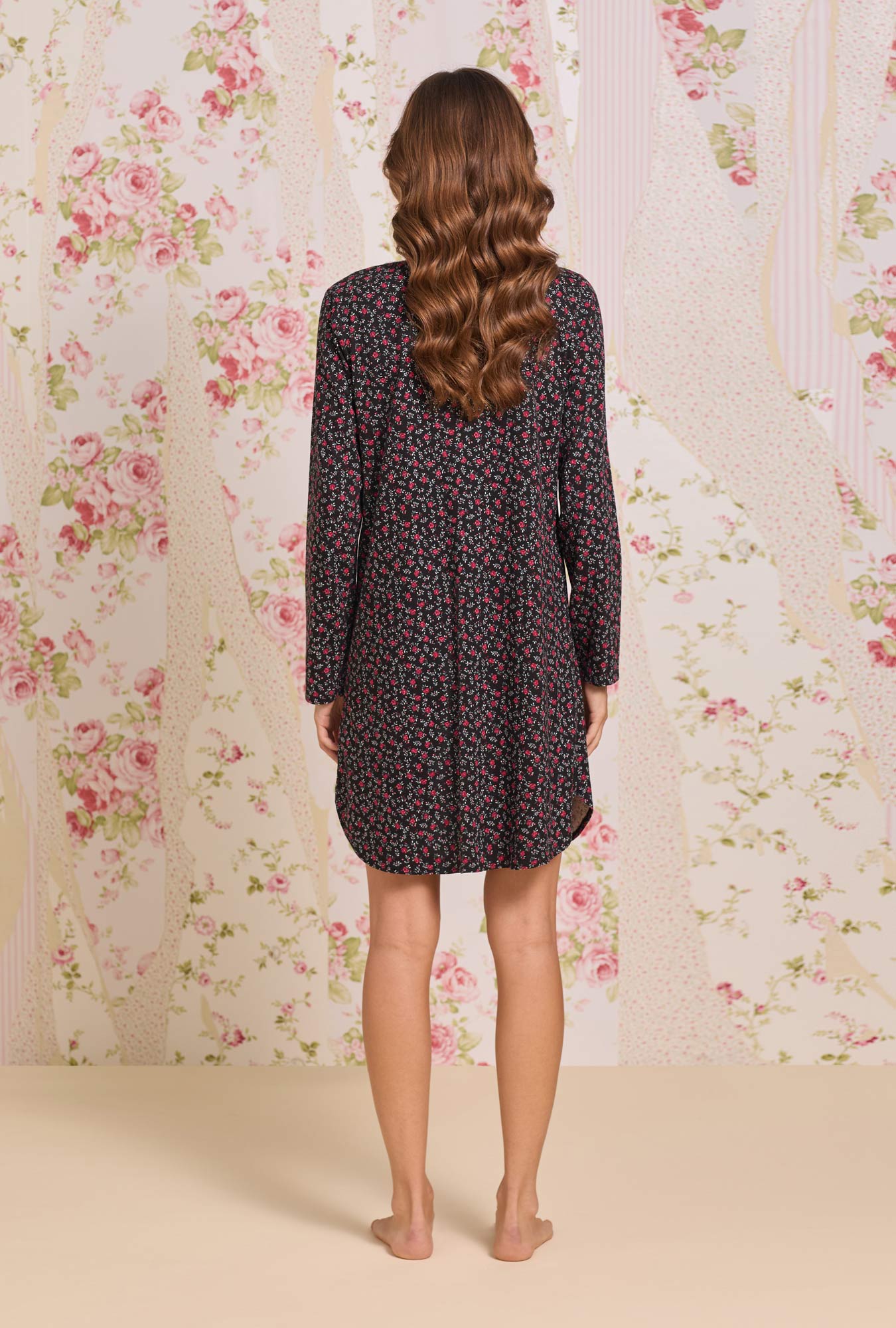 Eileen West Bordeaux Bloom Cotton Knit Long Sleeve Nightshirt