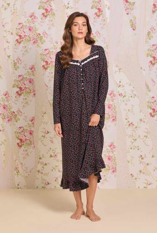 Eileen West Bordeaux Bloom Cotton Knit Long Sleeve Ballet Nightgown