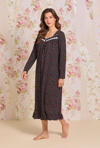 Eileen West Bordeaux Bloom Cotton Knit Long Sleeve Ballet Nightgown