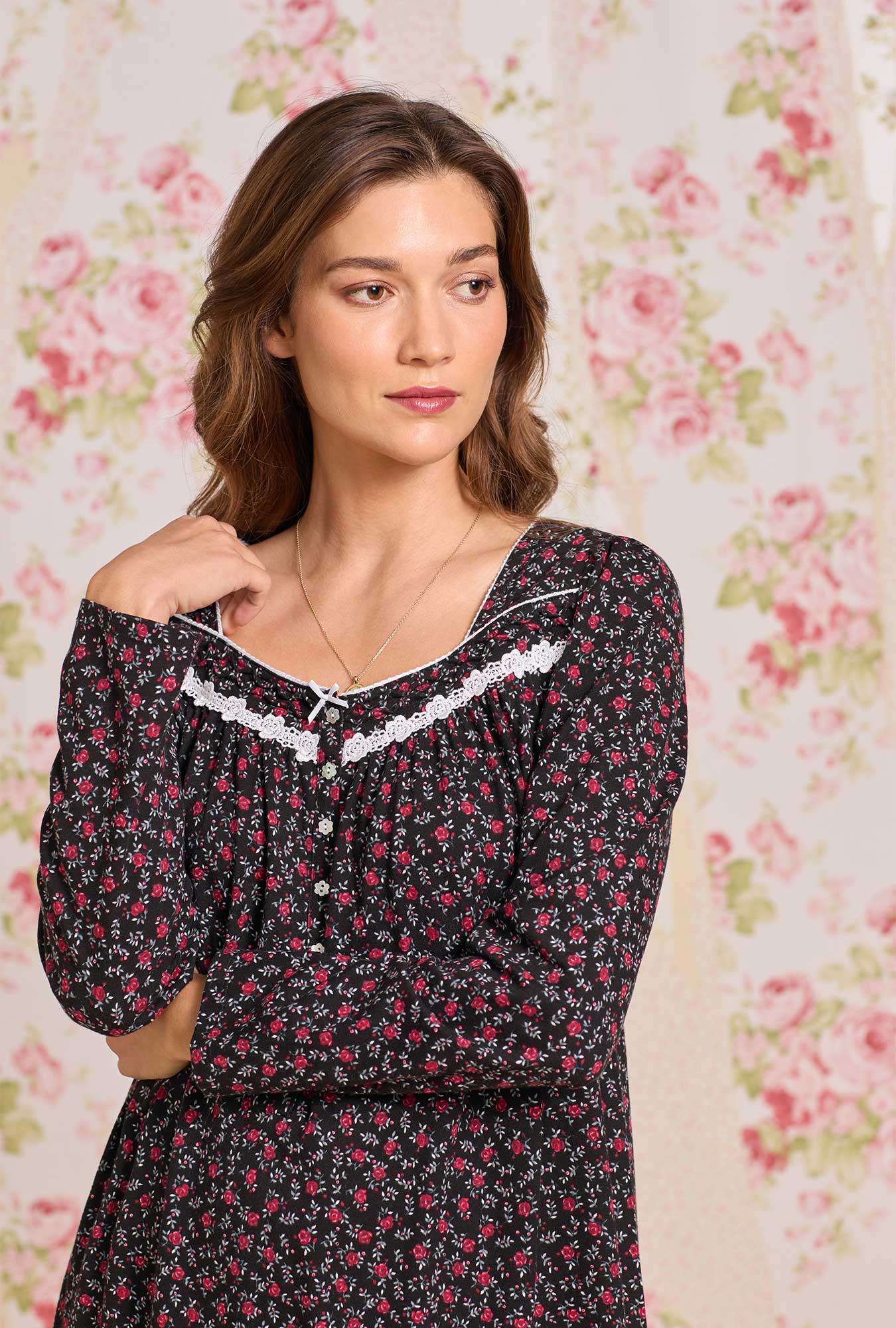 Eileen West Bordeaux Bloom Cotton Knit Long Sleeve Ballet Nightgown