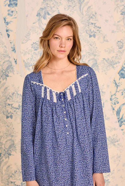 Eileen West Navy Thistle Cotton Knit Long Sleeve Short Nightgown