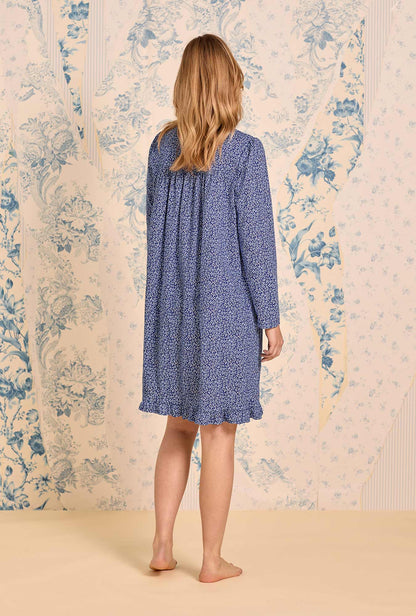 Eileen West Navy Thistle Cotton Knit Long Sleeve Short Nightgown
