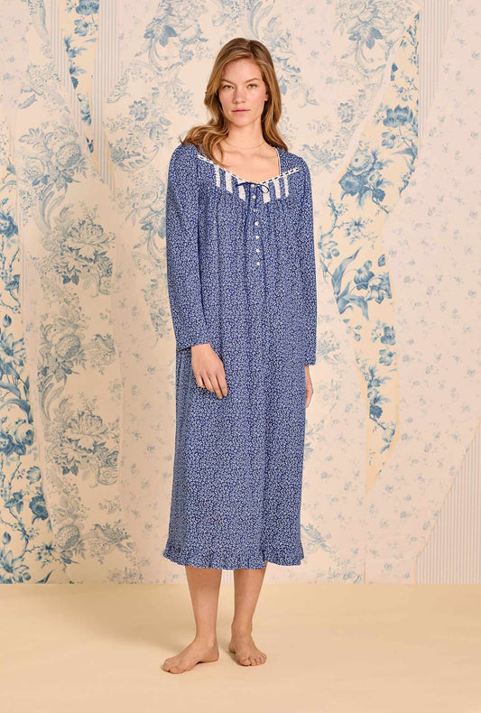 Eileen West Navy Thistle Cotton Knit Long Sleeve Ballet Nightgown