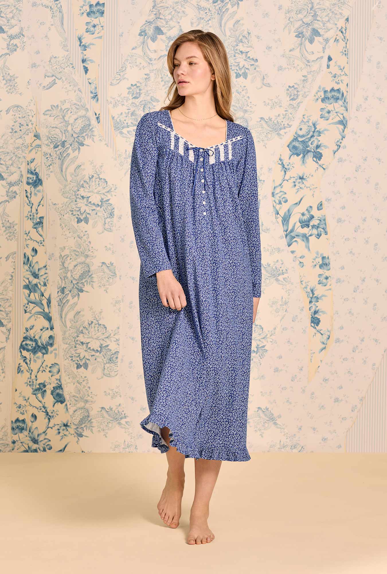 Eileen West Navy Thistle Cotton Knit Long Sleeve Ballet Nightgown