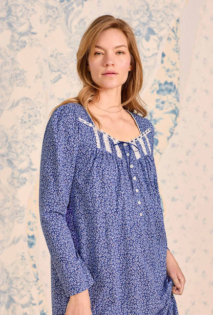 Eileen West Navy Thistle Cotton Knit Long Sleeve Ballet Nightgown