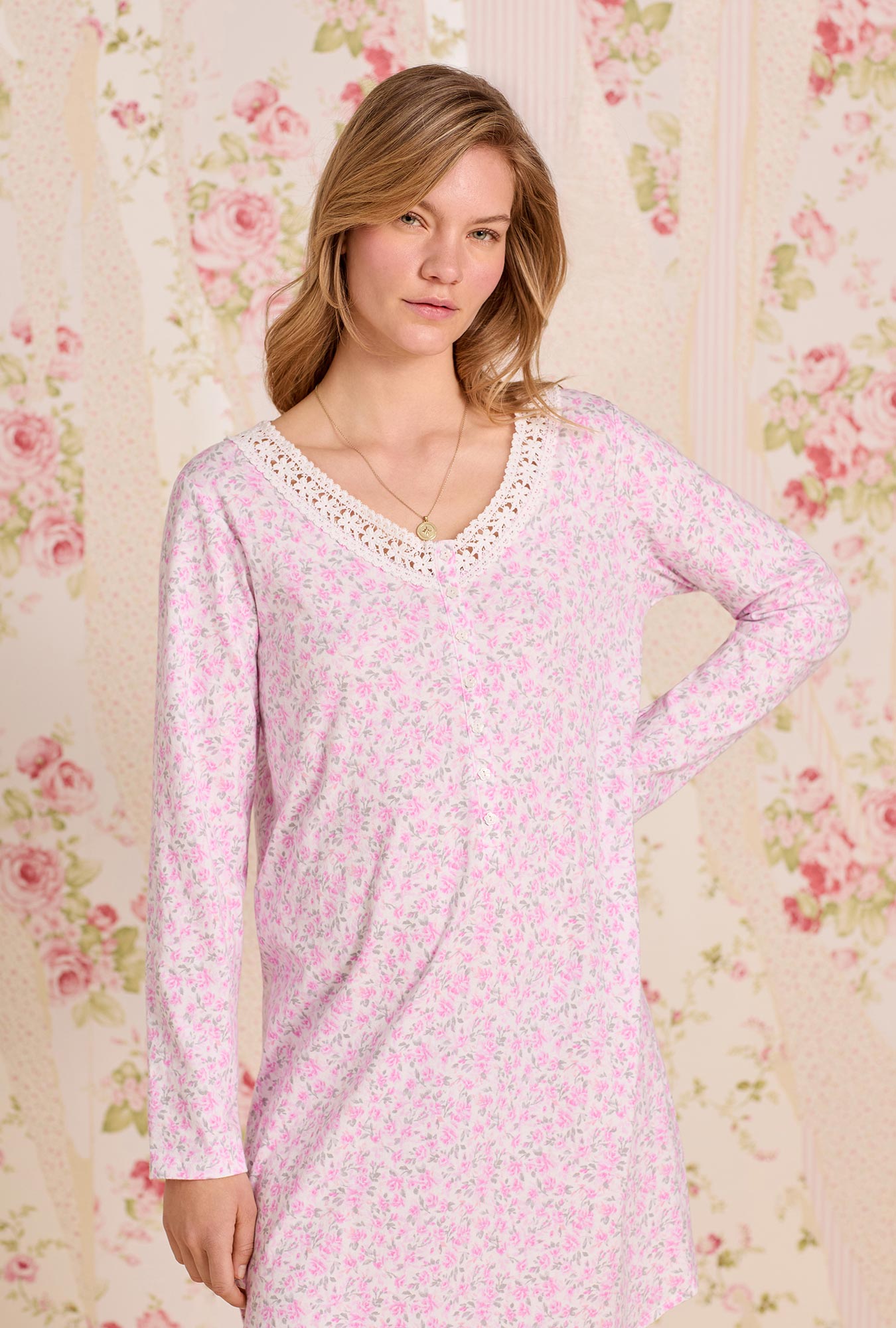 Eileen West Rose Tangle Cotton Knit Long Sleeve Nightshirt