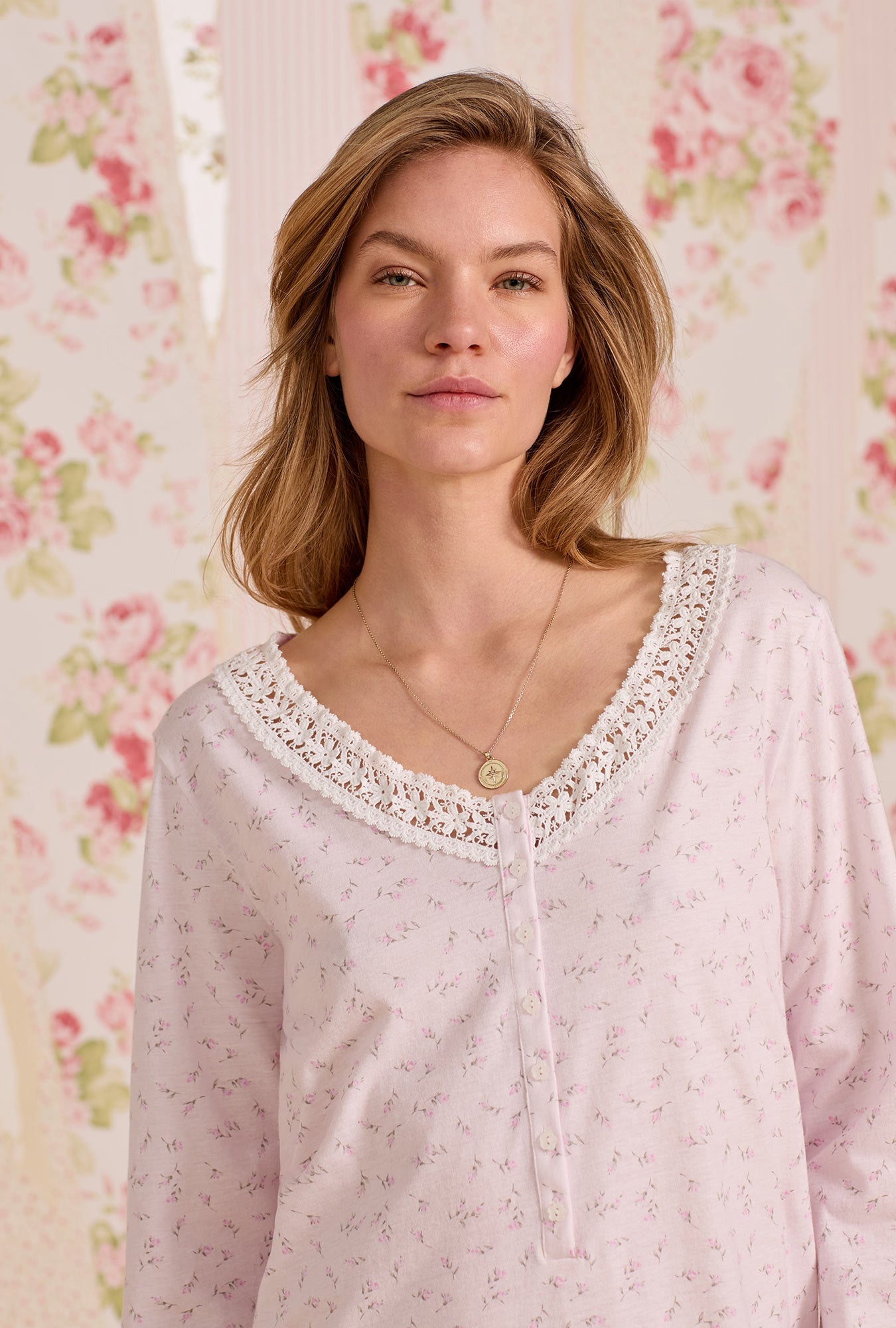 Eileen West Baby Rose Cotton Knit Long Sleeve Nightshirt