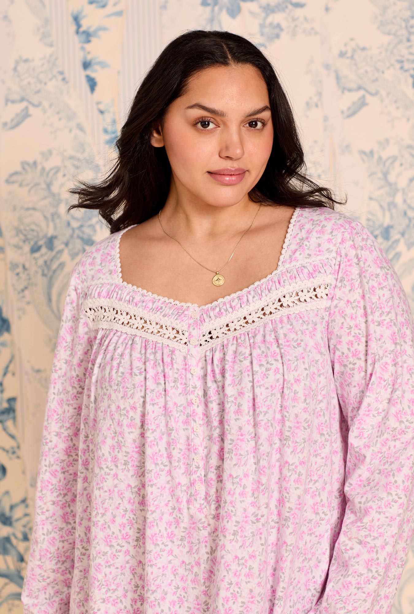 Eileen West Rose Tangle Cotton Knit Long Sleeve Short Nightgown