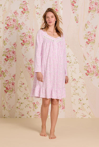 Eileen West Rose Tangle Cotton Knit Long Sleeve Short Nightgown