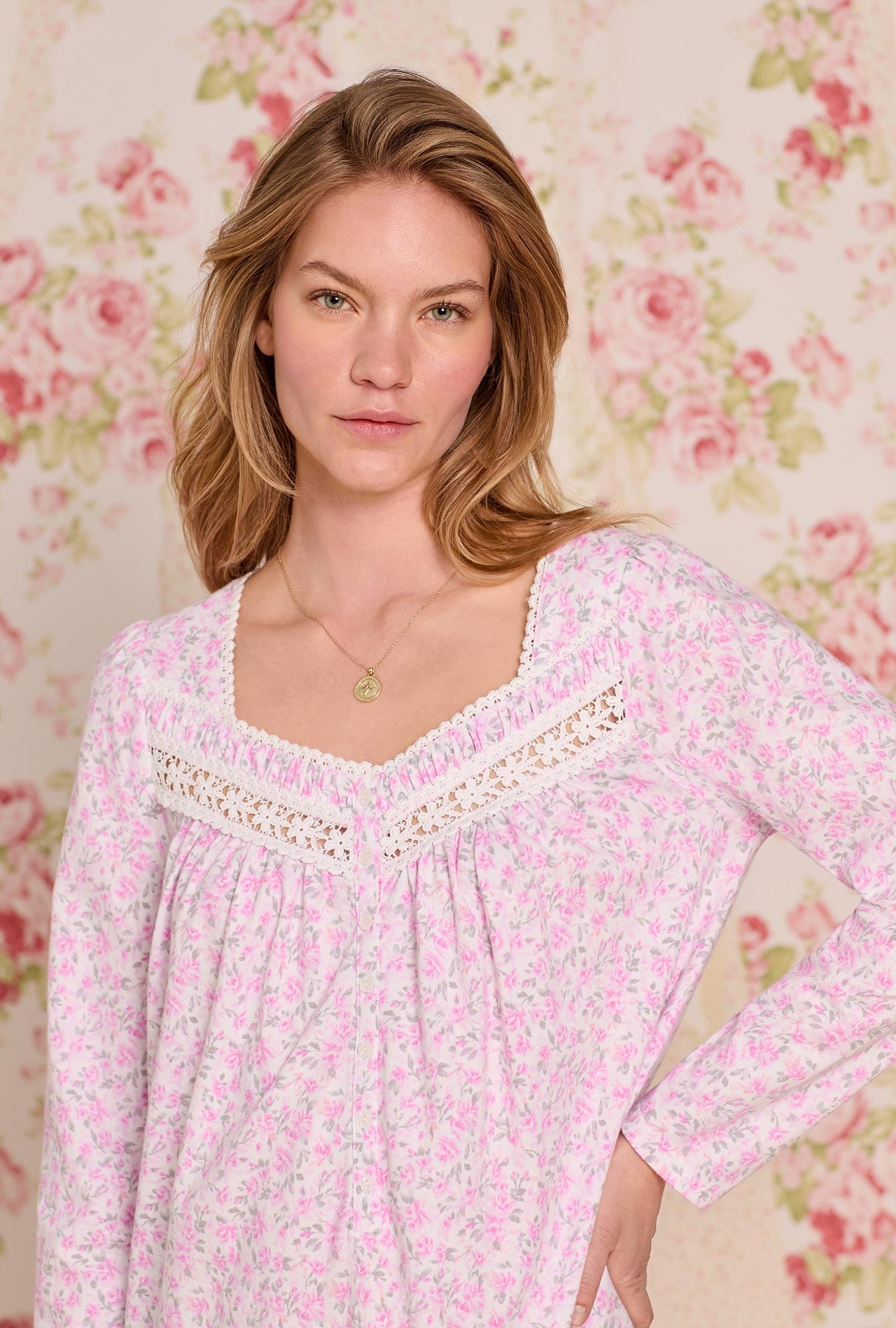 Eileen West Rose Tangle Cotton Knit Long Sleeve Short Nightgown