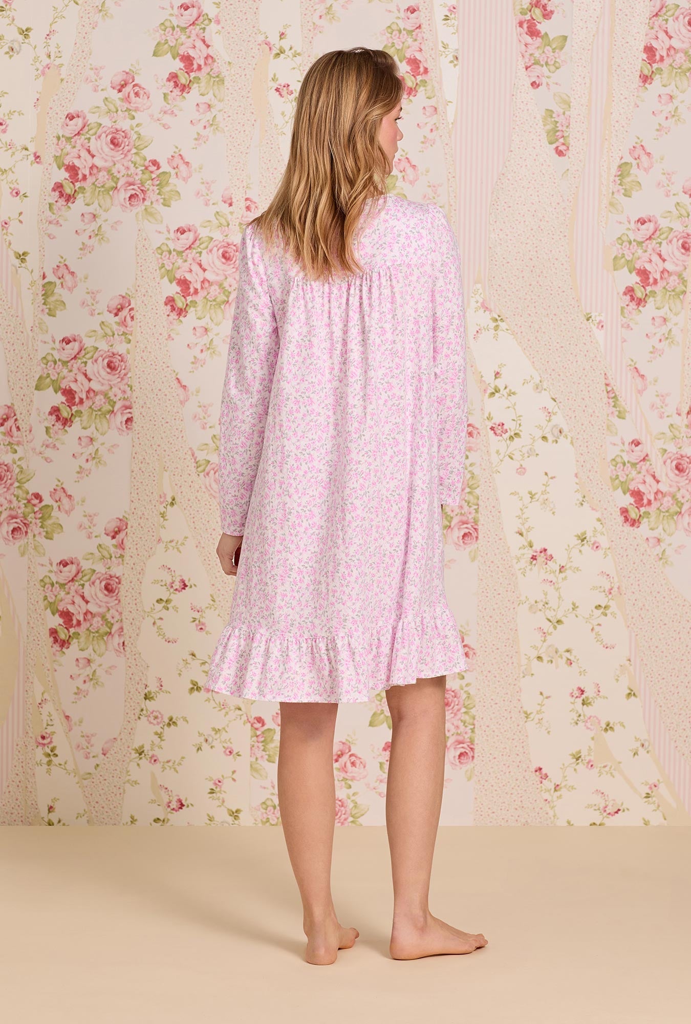 Eileen West Rose Tangle Cotton Knit Long Sleeve Short Nightgown