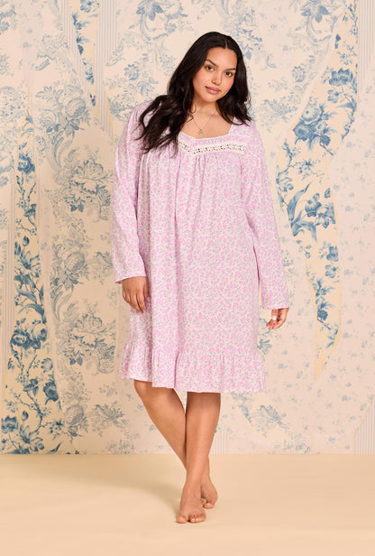 Eileen West Rose Tangle Cotton Knit Long Sleeve Short Nightgown