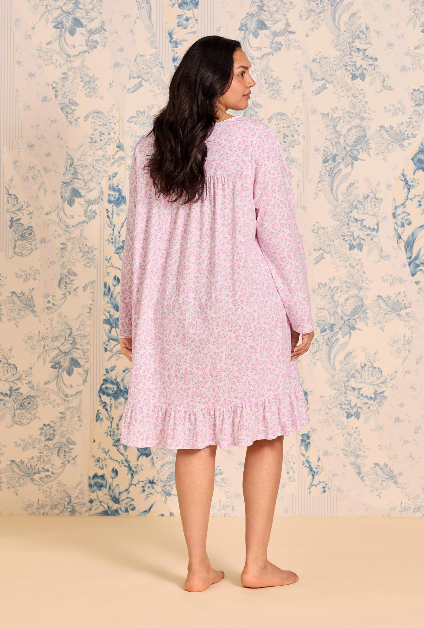 Eileen West Rose Tangle Cotton Knit Long Sleeve Short Nightgown