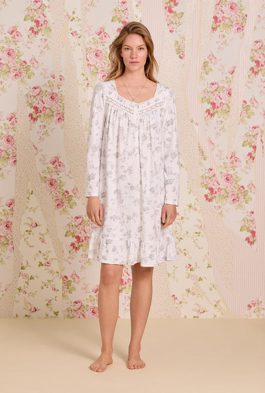 Eileen West Dusk Blossom Cotton Knit Long Sleeve Short Nightgown