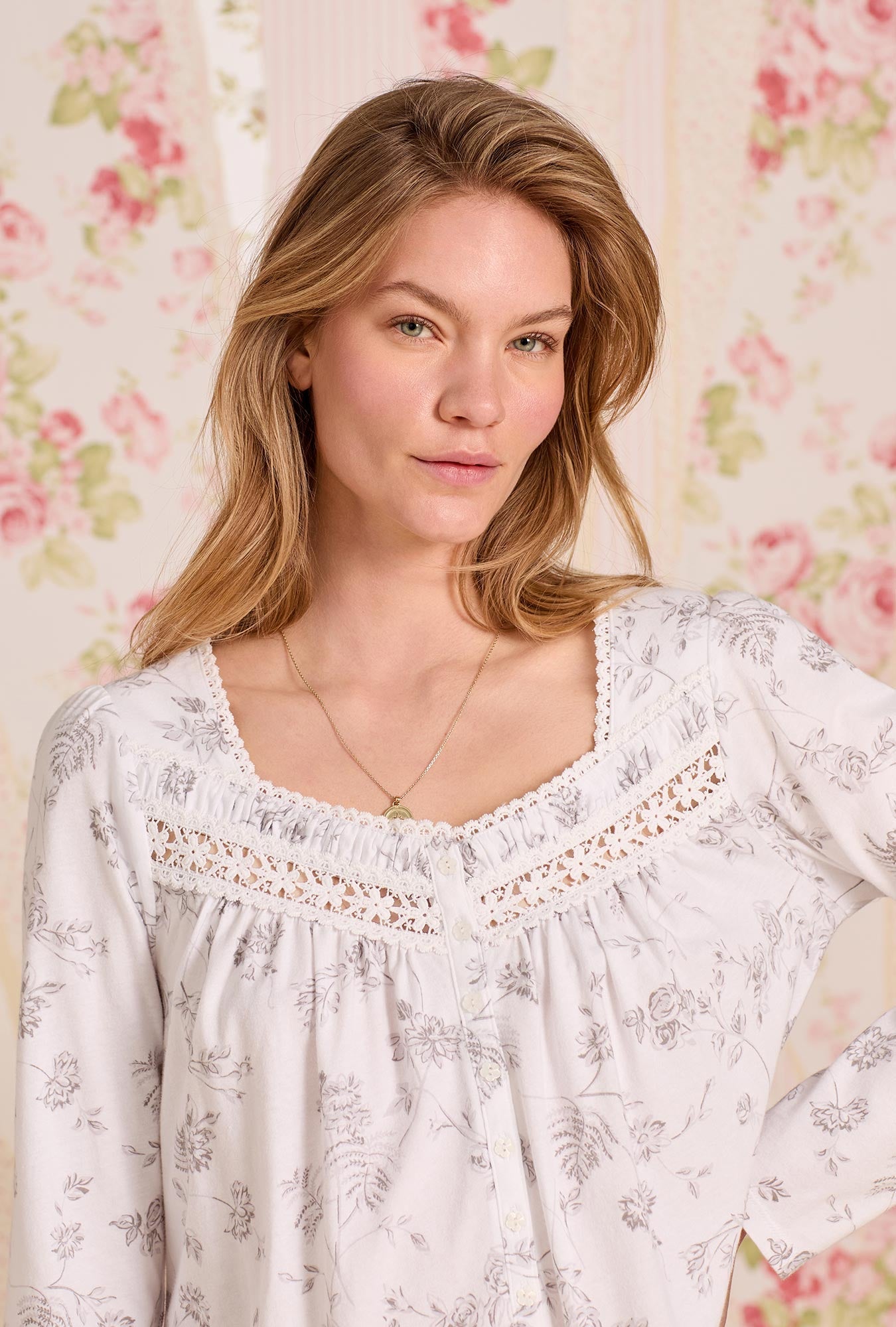 Eileen West Dusk Blossom Cotton Knit Long Sleeve Short Nightgown