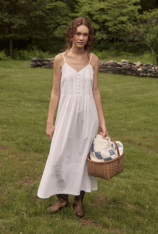 Eileen West The "Sylvie" Iconic White Cotton Yarndye Chambray Ballet Nightgown