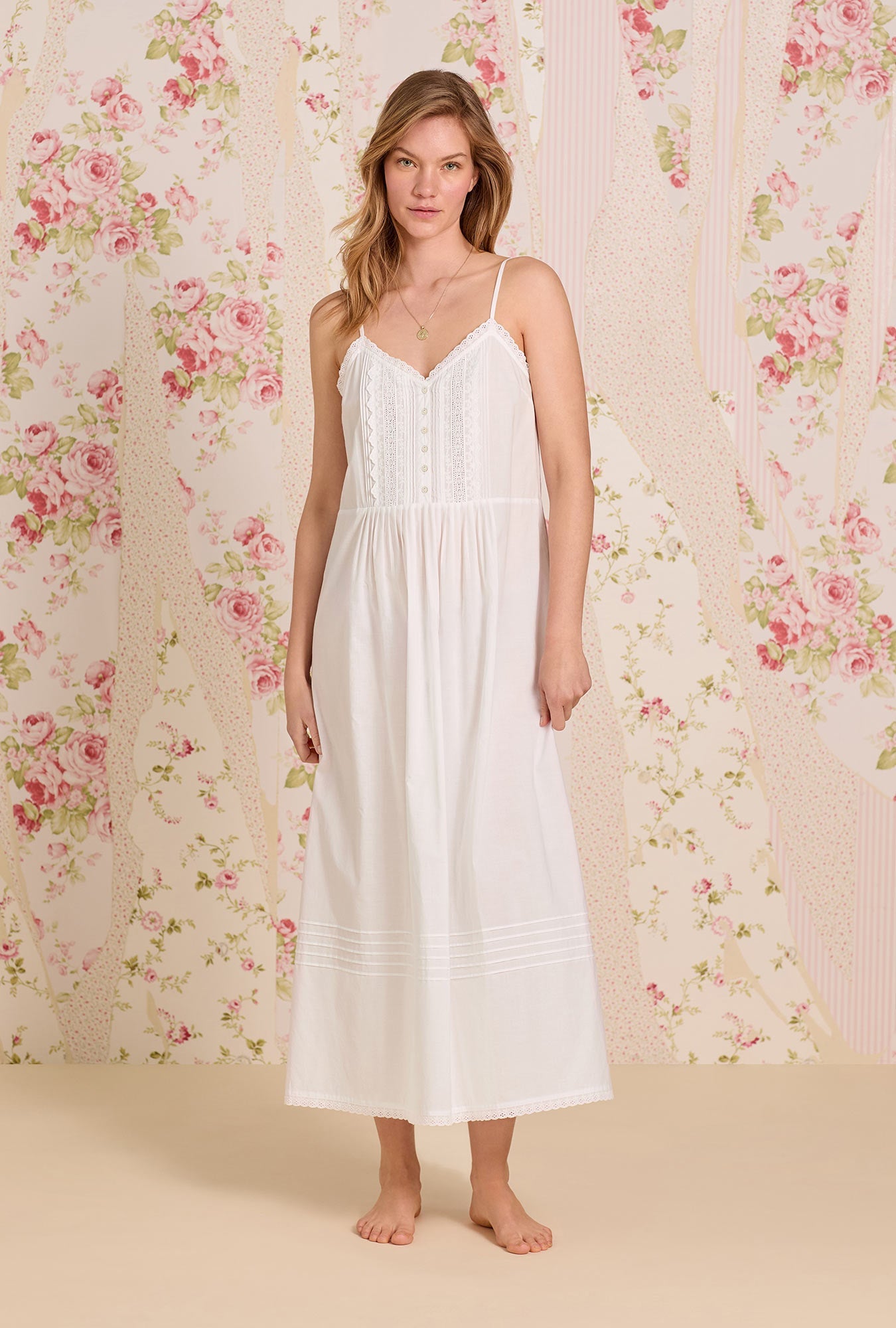 Eileen West The "Sylvie" Iconic White Cotton Yarndye Chambray Ballet Nightgown