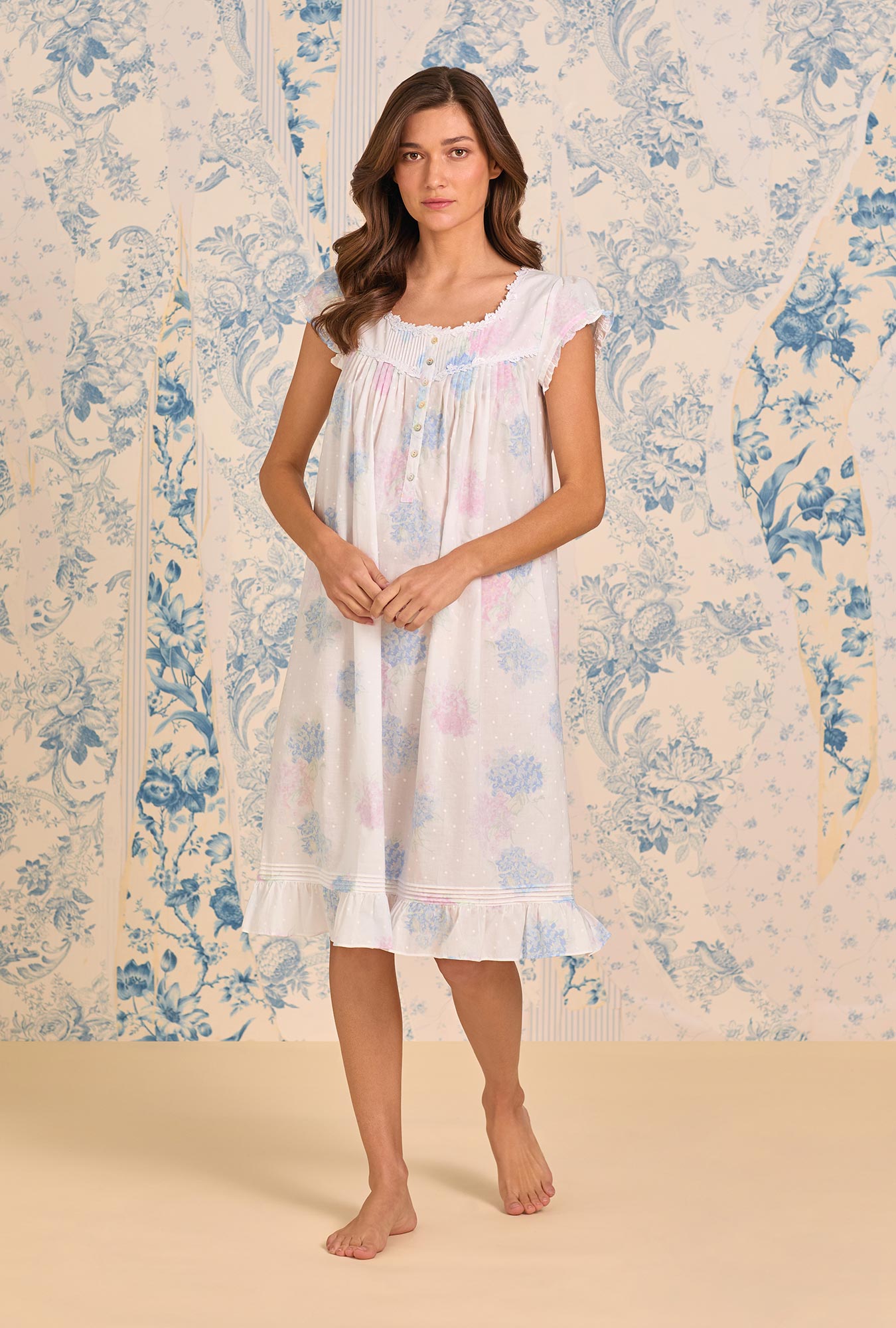Eileen West Hydrangea Blossom Cotton Lawn Cap Sleeve Waltz Nightgown